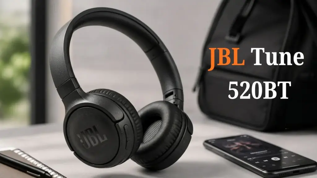 jbl tune 520bt wireless headphones displayed with smartphone and laptop bag in modern desk setup with review text
