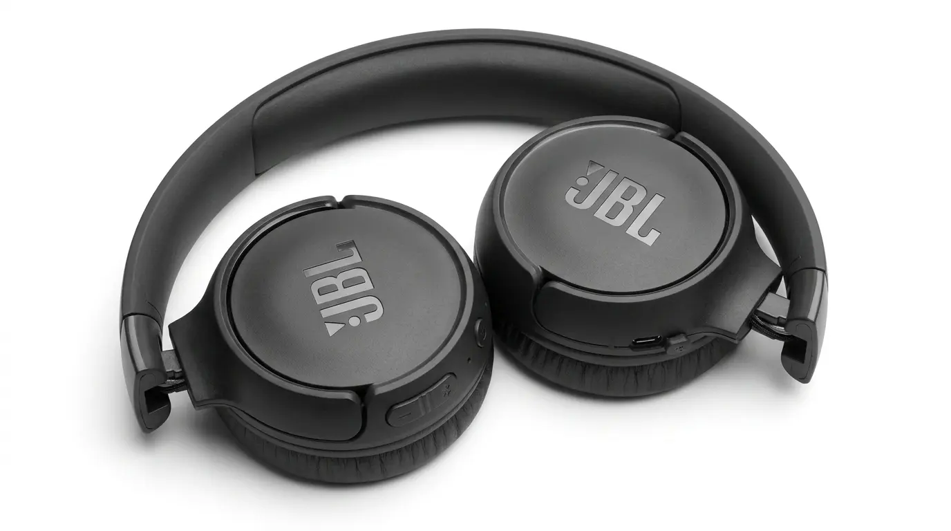 jbl tune 520bt wireless headphones folded flat showing black on ear design and ear cushions
