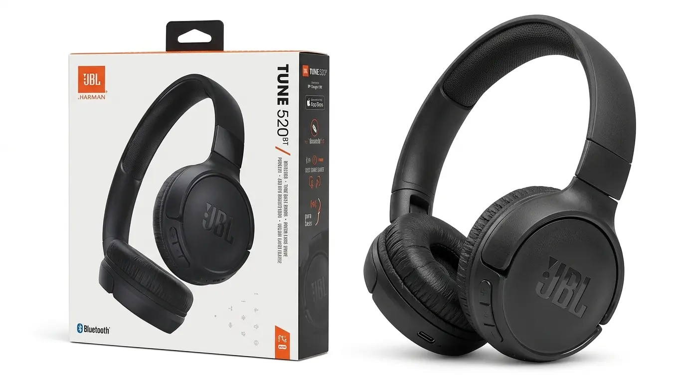 jbl tune 520bt wireless headphones with product box showing black on ear headphone design