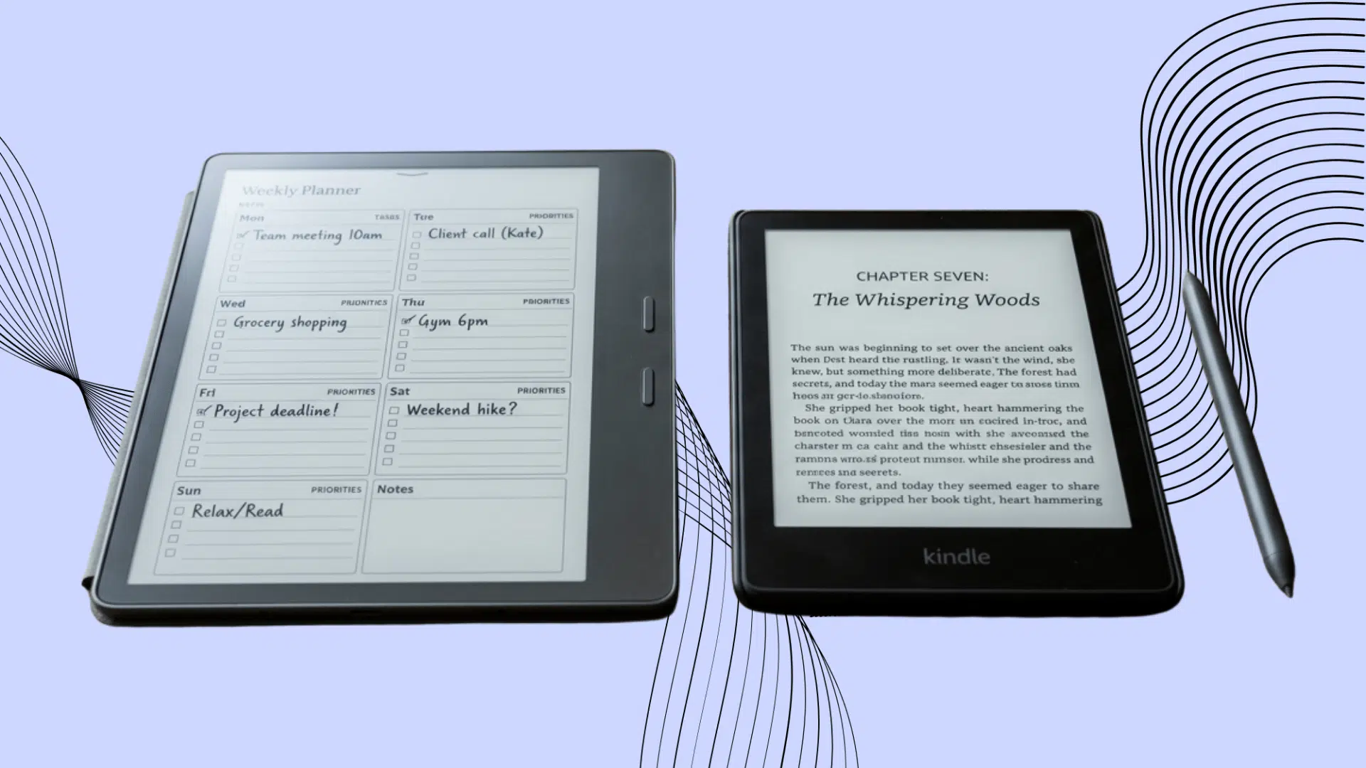 two digital paper tablets showing a weekly planner and an ebook beside a stylus