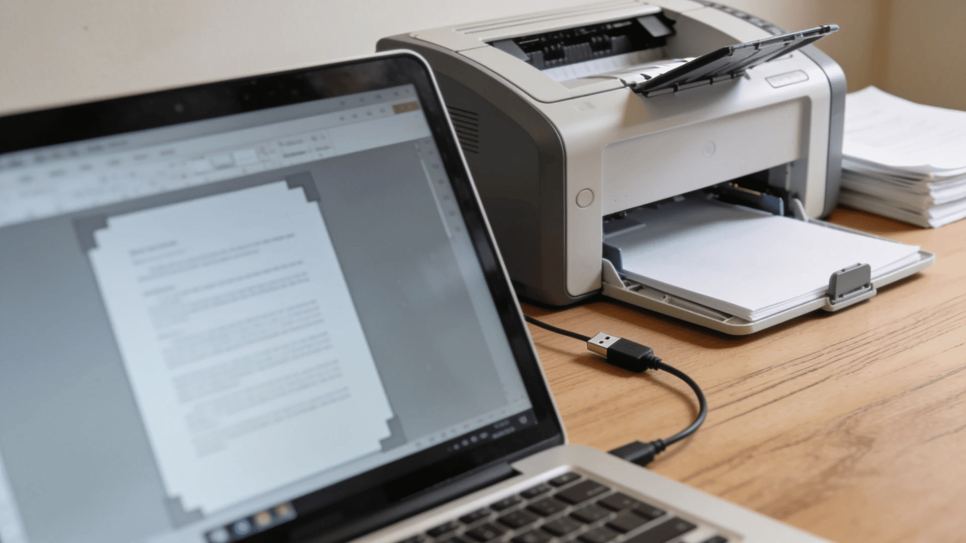 laptop displaying a scan preview window with a printer in the background