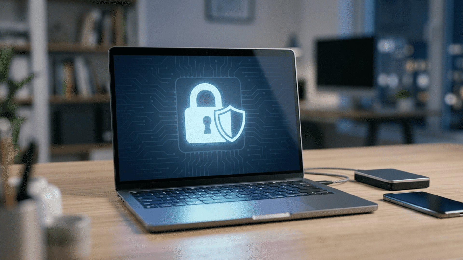 Laptop displaying a security shield icon representing device protection