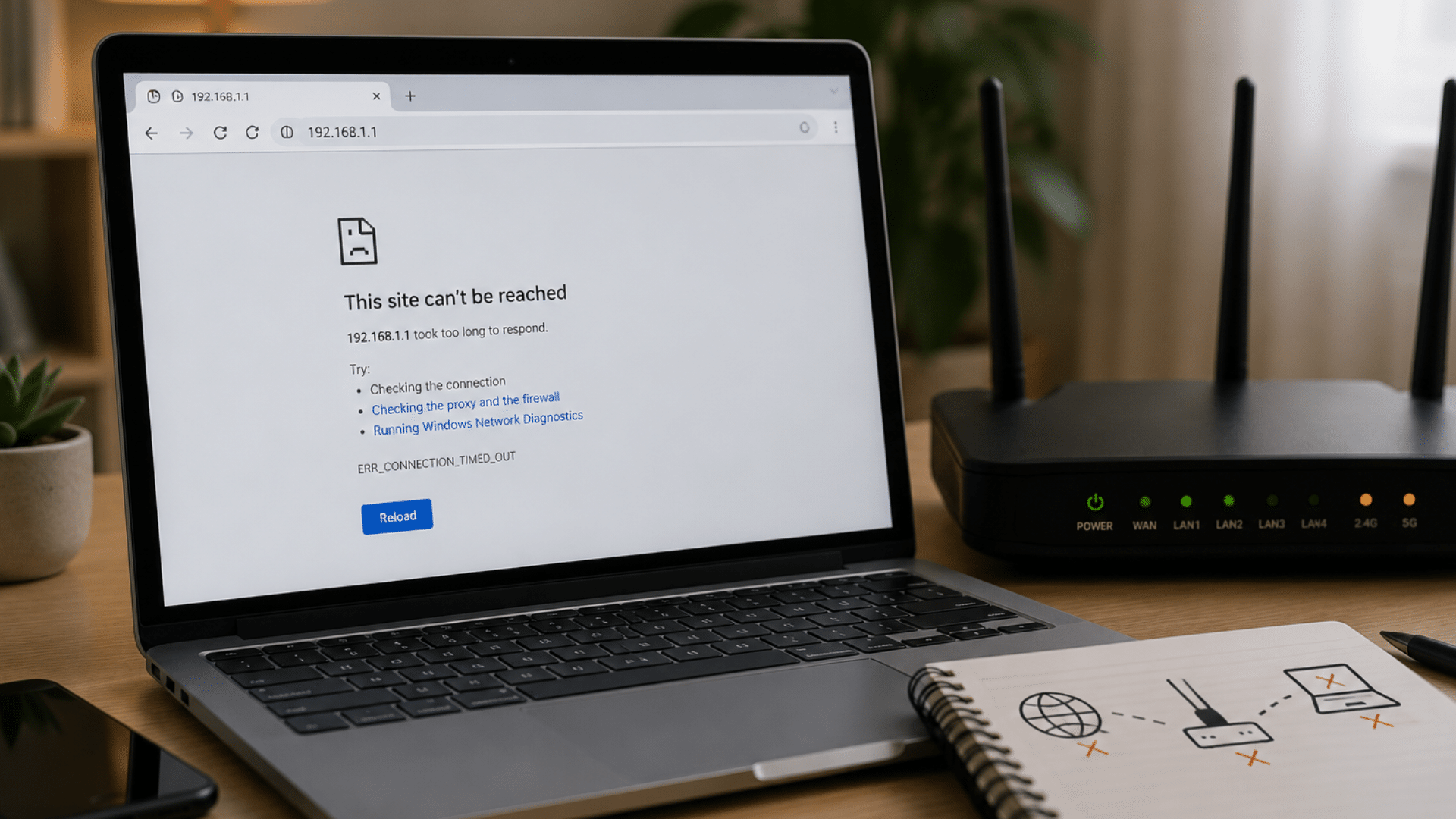 laptop showing router login page error beside wifi router during network troubleshooting in home office setup