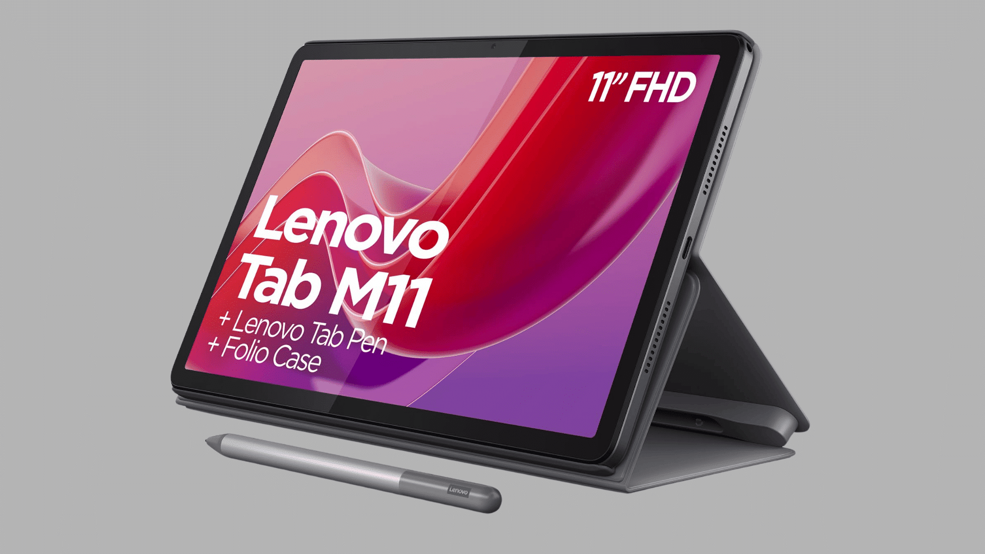 Lenovo Tab M11 on folio stand with stylus in front