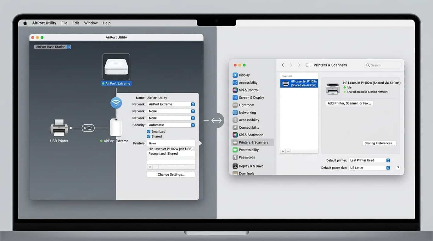 mac airpot utility showing usb printer connection and printers scanners displaying shared network printer