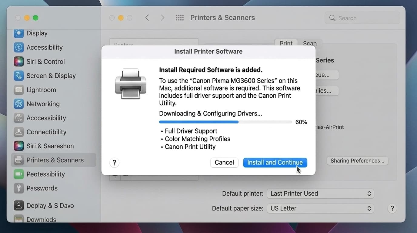 mac printer setup window showing software installation or driver setup process