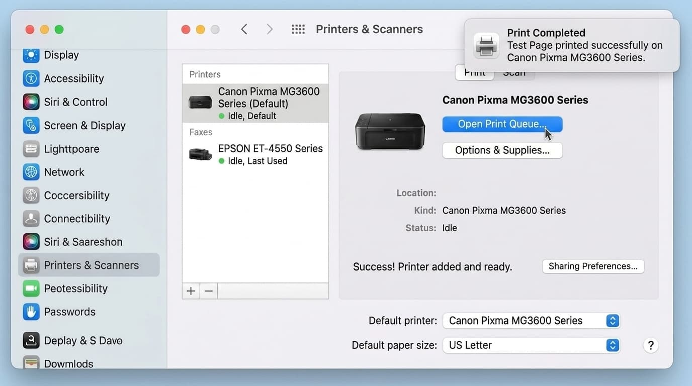 mac printers and scanners settings showing added default printer and print setup