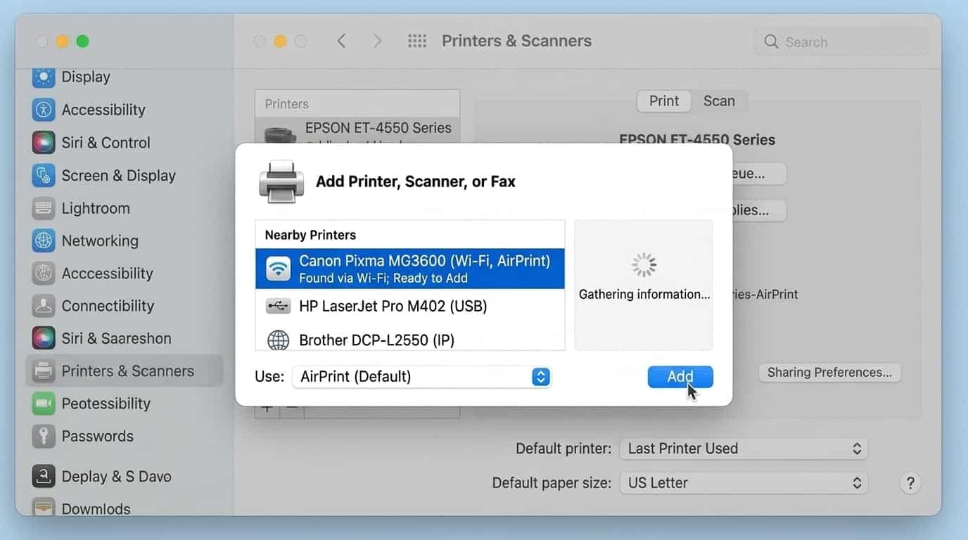 mac printers and scanners window showing available printers and add printer option