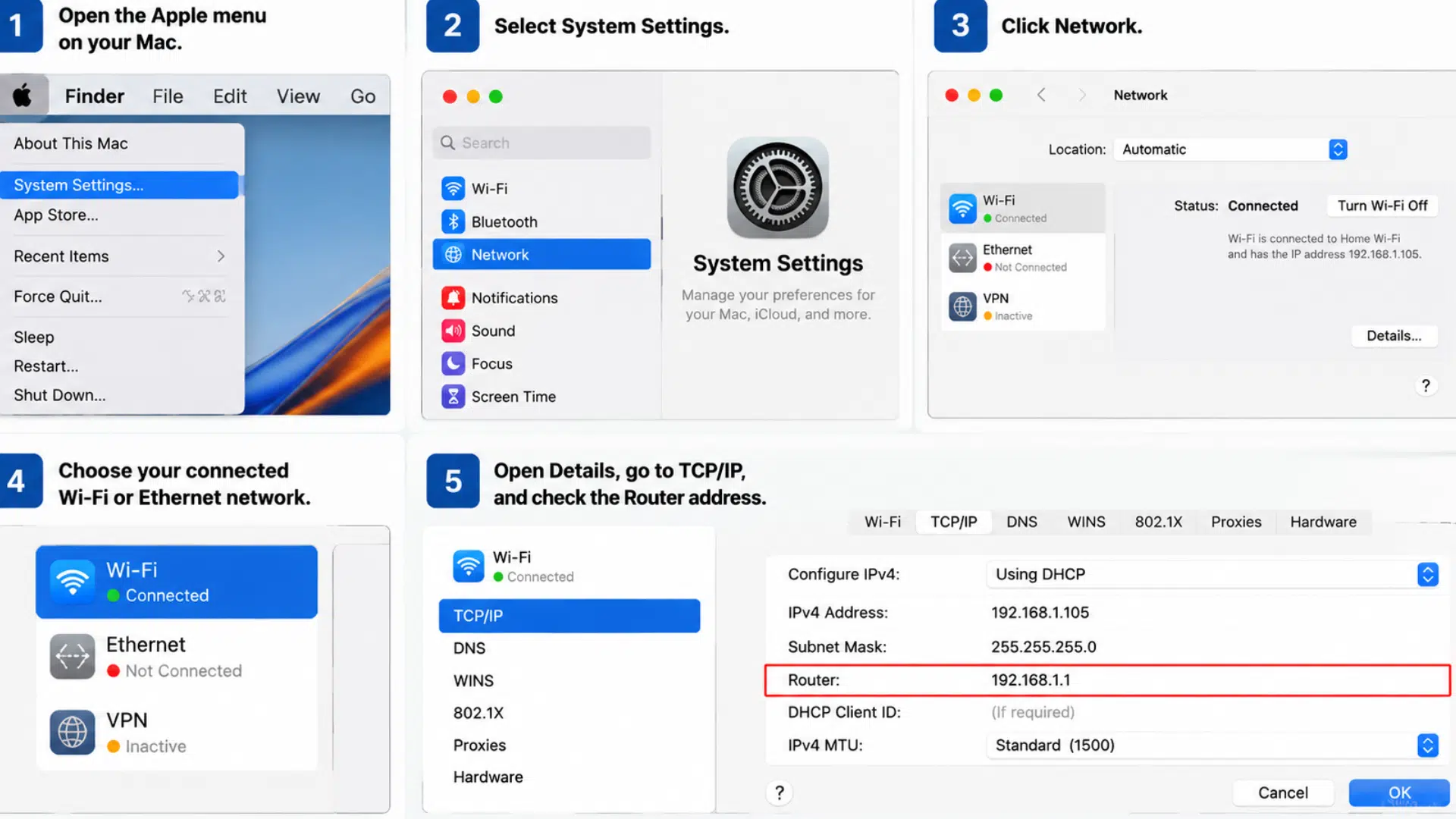 mac system settings network details showing tcp ip section with router address information for wifi connection