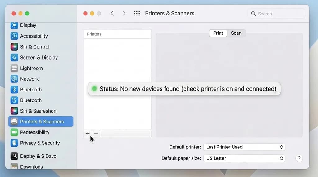 mac system settings screen showing printer setup preparation before adding a printer