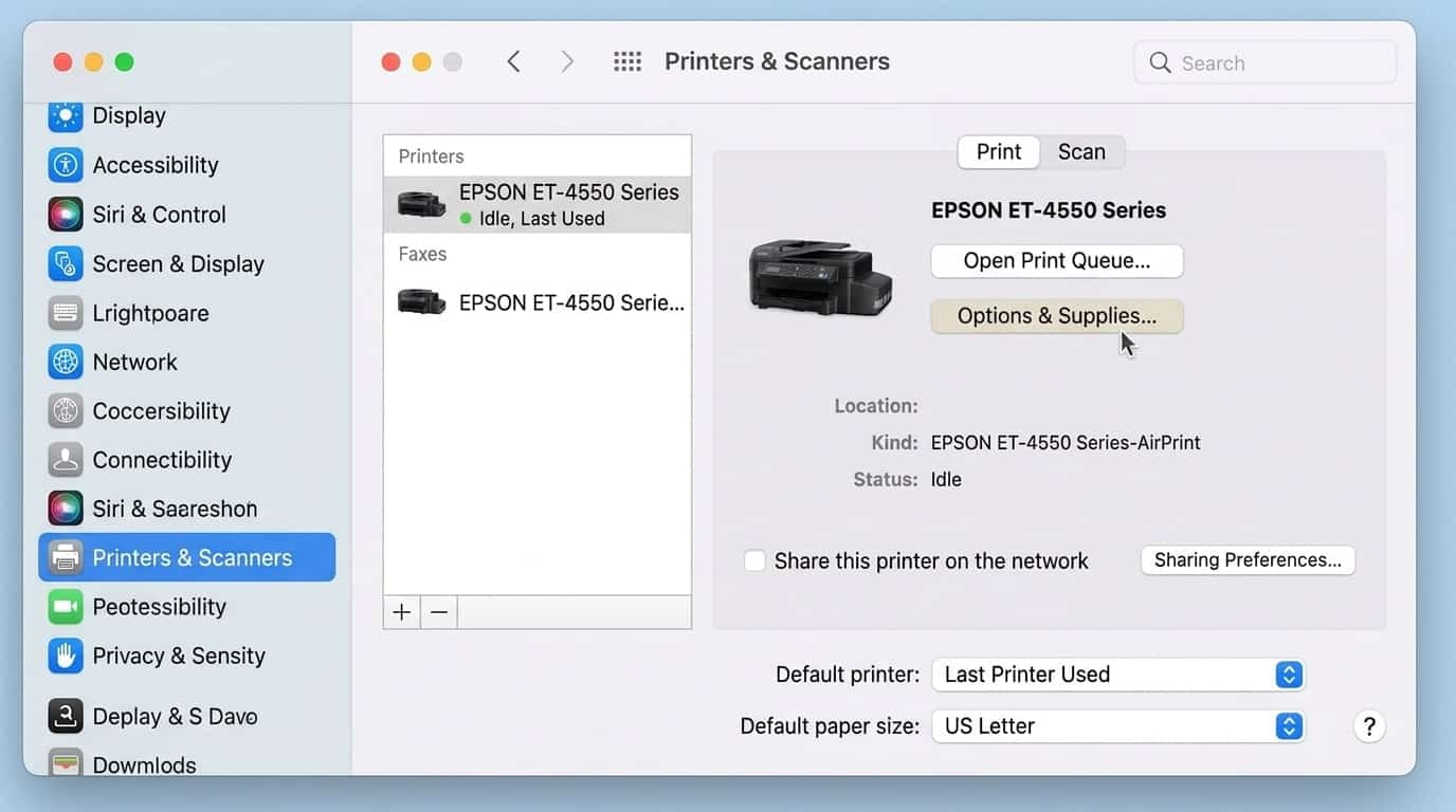 mac system settings showing printers and scanners option selected in the sidebar