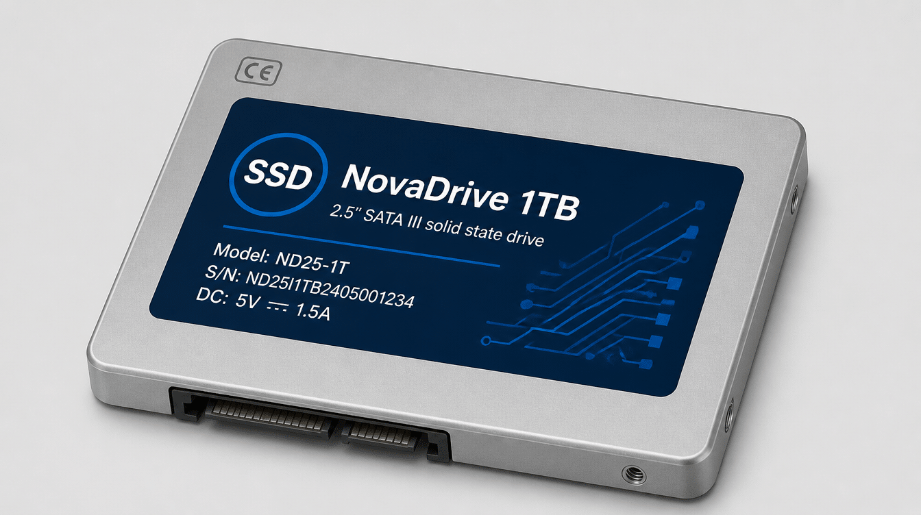 NovaDrive 1TB 2.5-inch SATA III SSD with metallic casing and SATA connector.