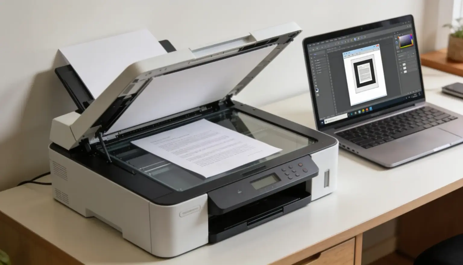 printer scanner lid open with a document on the glass next to a laptop