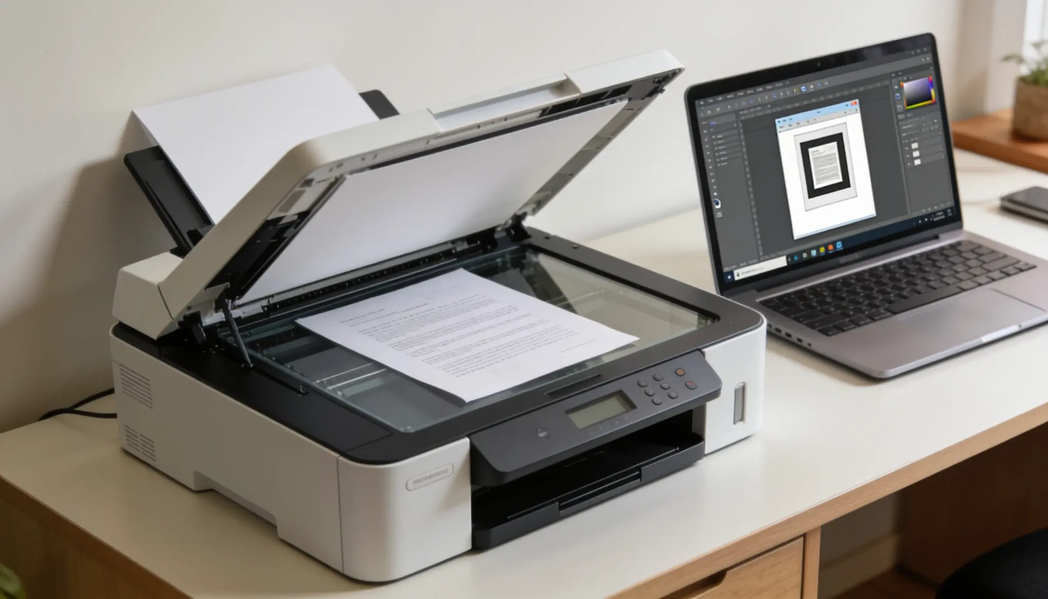 printer scanner lid open with a document on the glass next to a laptop