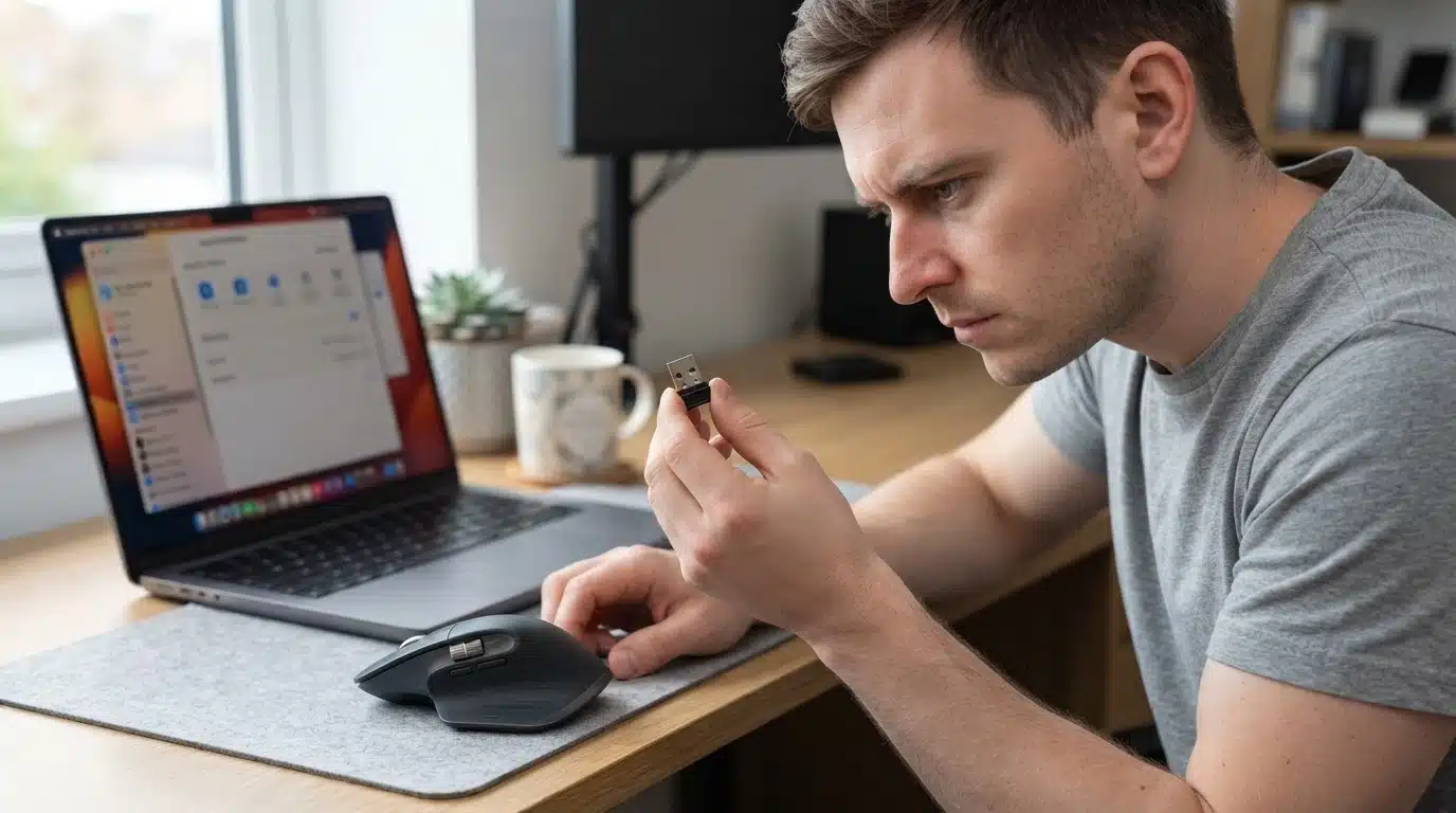 man checking wireless mouse USB receiver for damage or connection problems