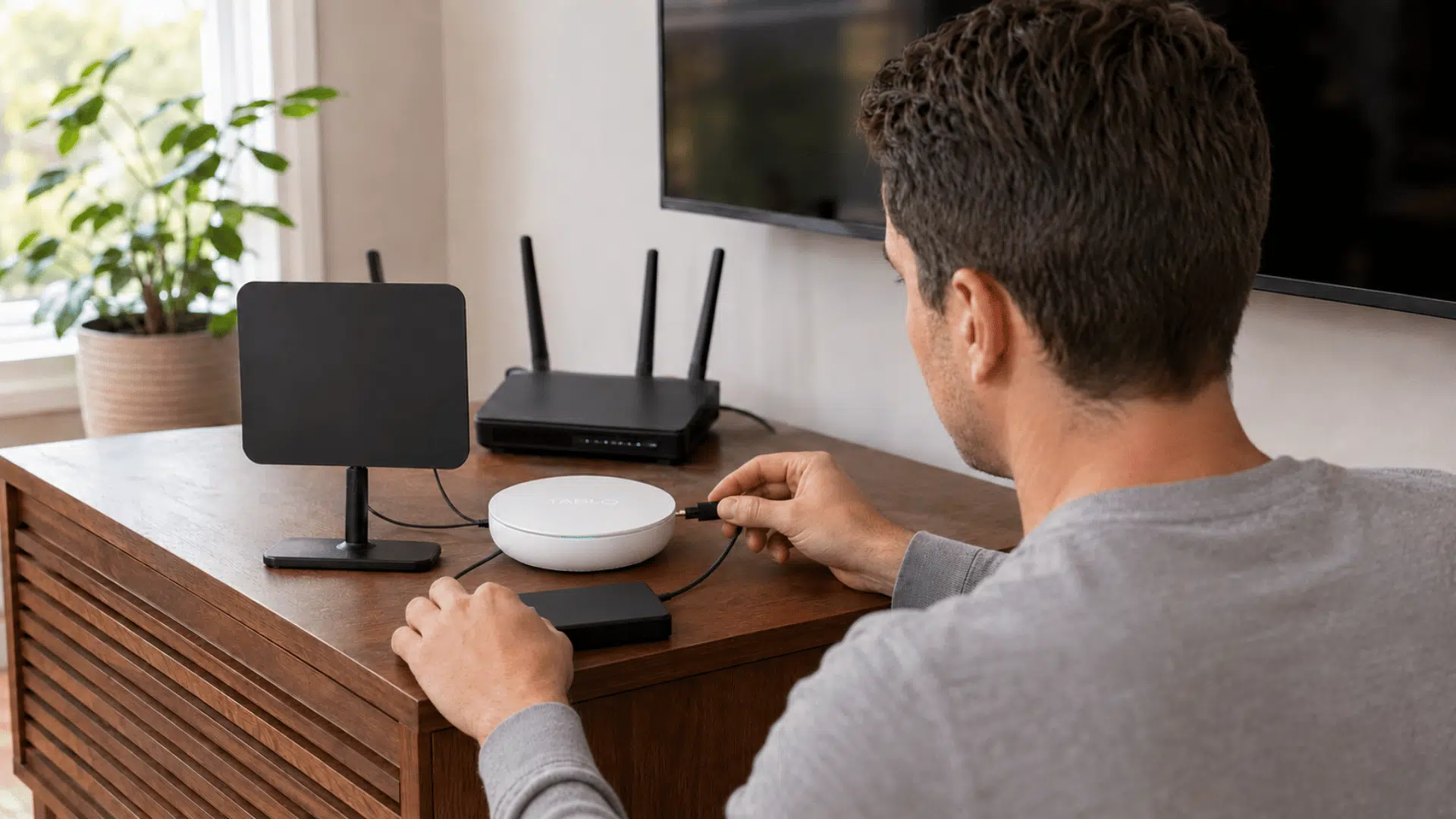 man connects an external USB hard drive to a Tablo device on a media console