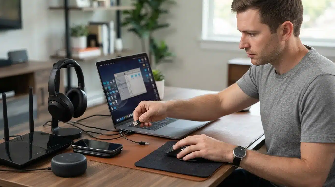 man moving wireless mouse receiver away from nearby devices to reduce signal interference
