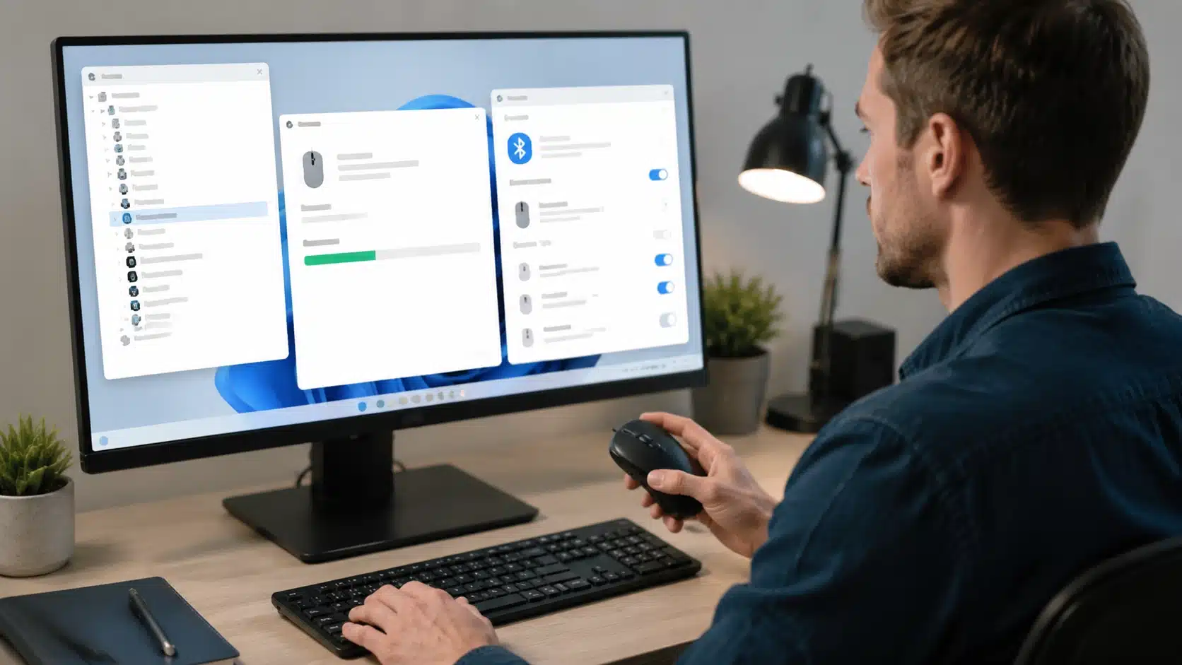man troubleshooting wireless mouse drivers and Bluetooth settings on a Windows computer