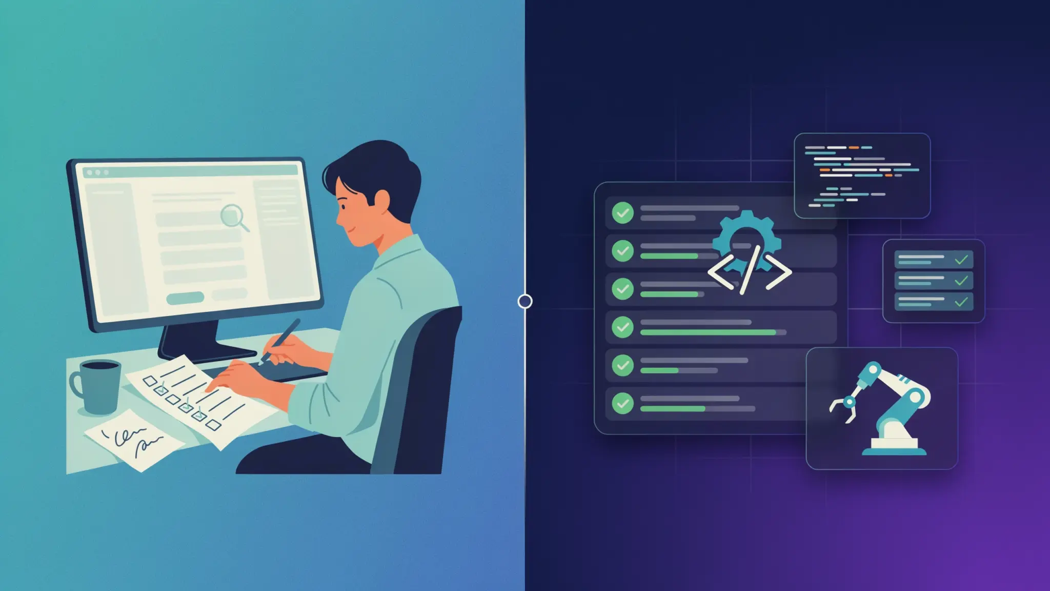 manual testing and automated testing comparison showing qa tester checklist and automated scripts running
