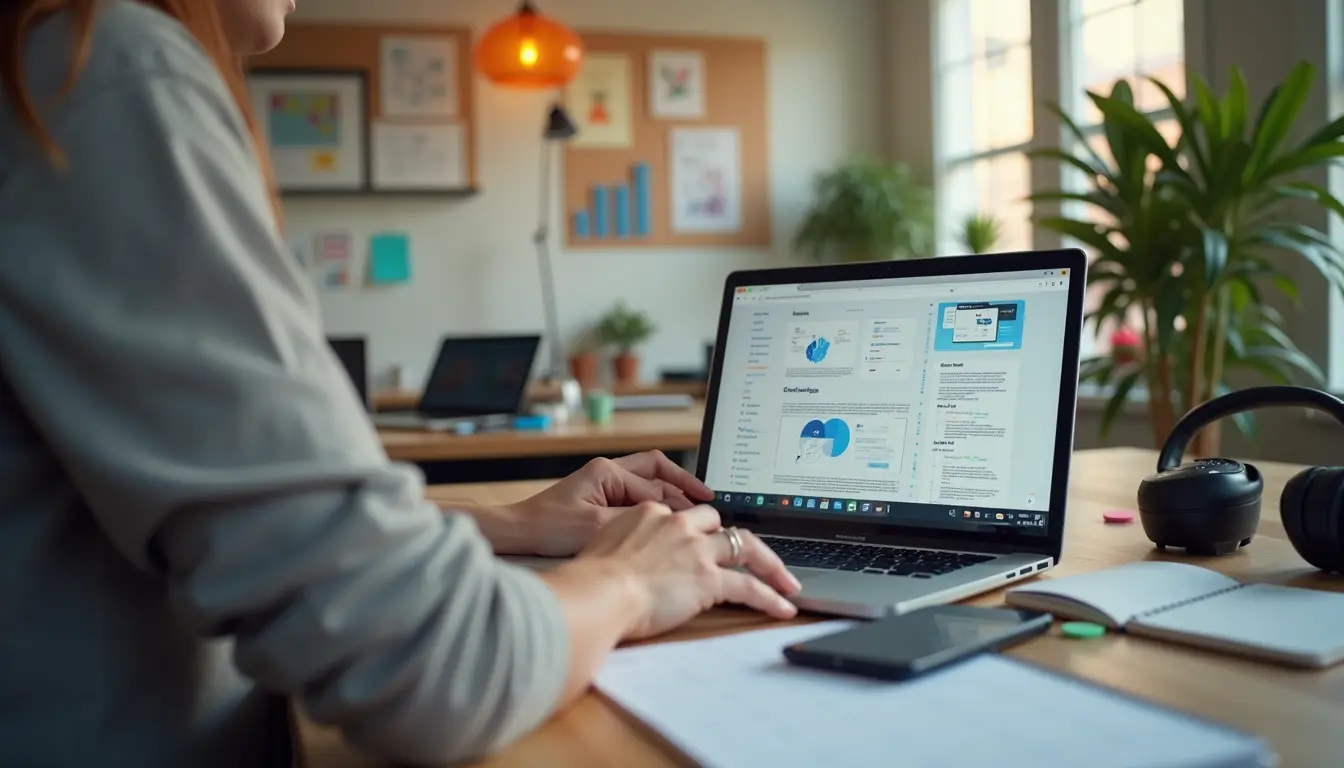 marketer creating content on a laptop with notes documents and digital strategy materials on a workspace