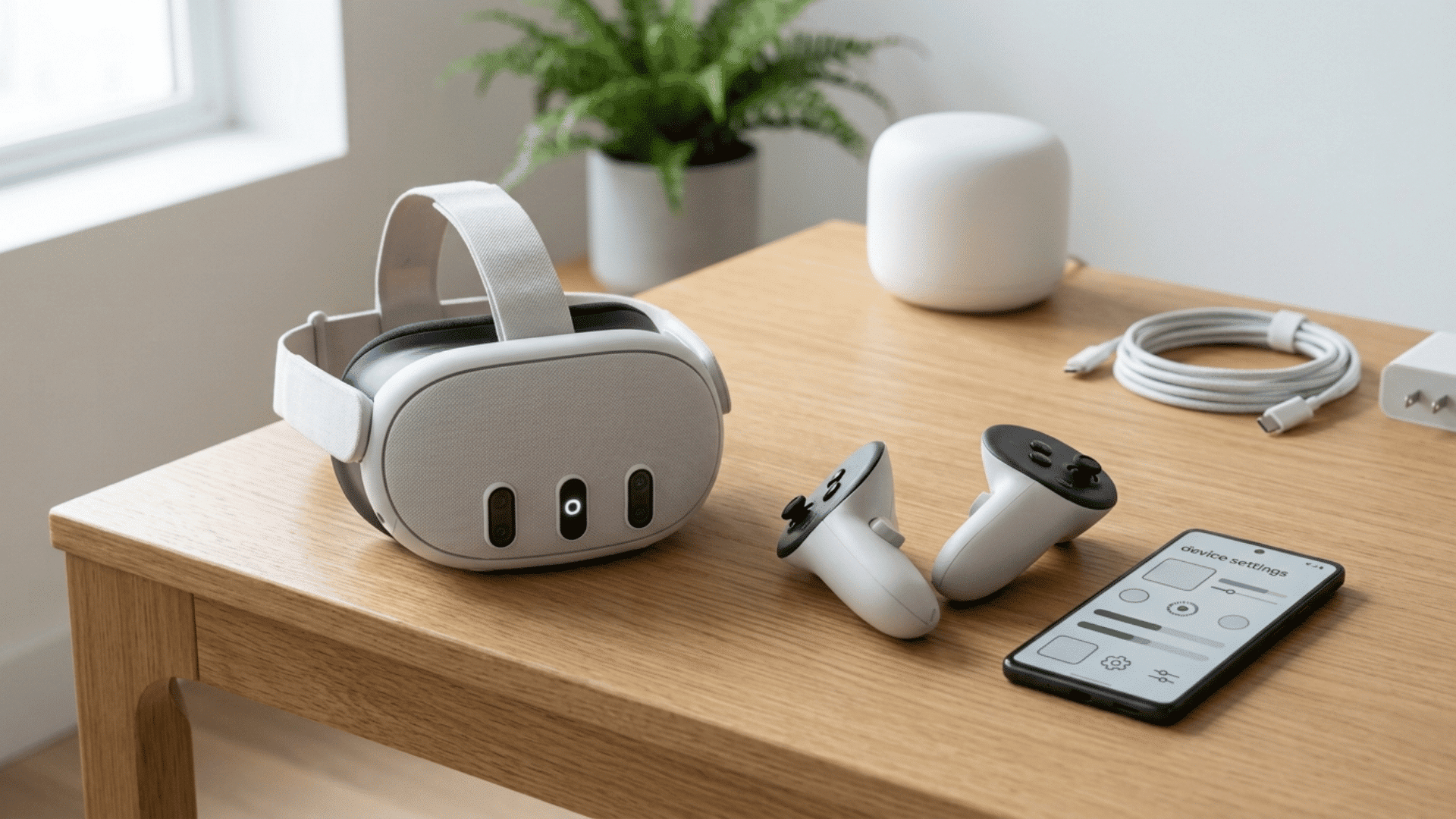 meta quest 3 headset, controllers, phone, router, and cable on a wooden desk