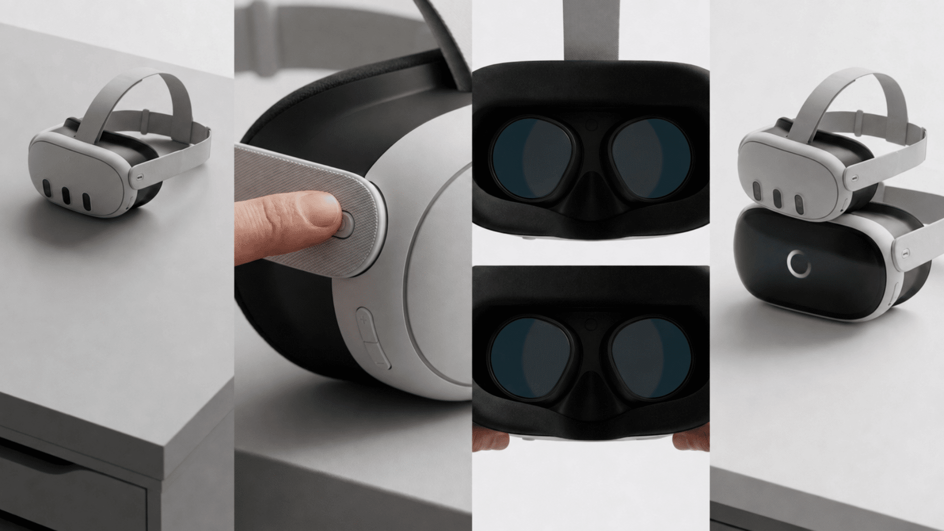 Meta Quest headset collage showing side button, blank lenses, and startup screen.