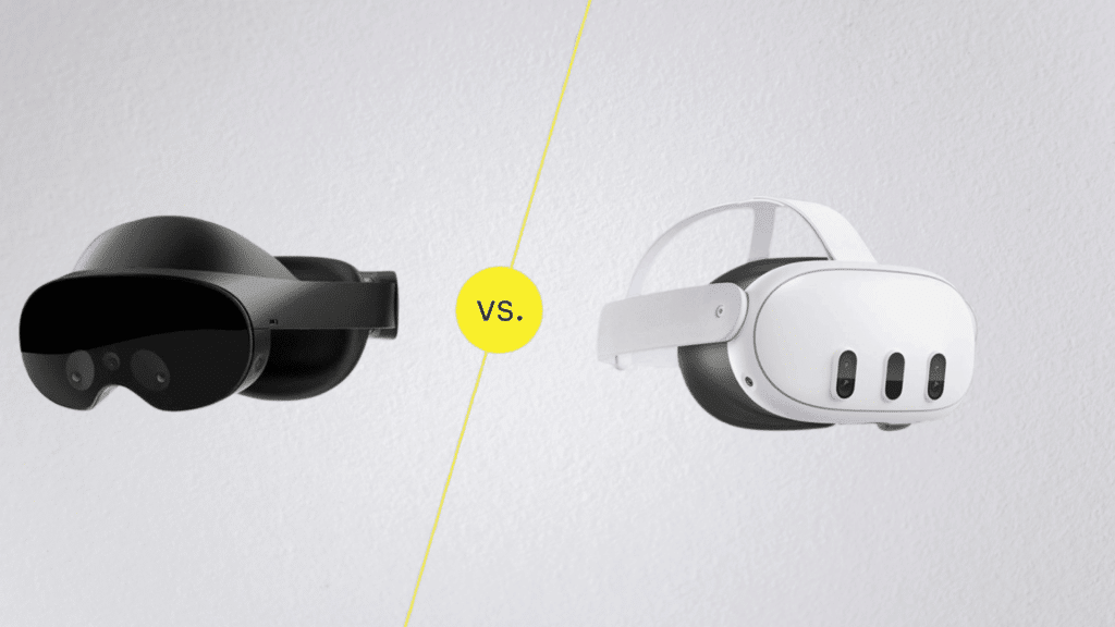 meta quest pro and quest 3 vr headsets compared side by side on a light background