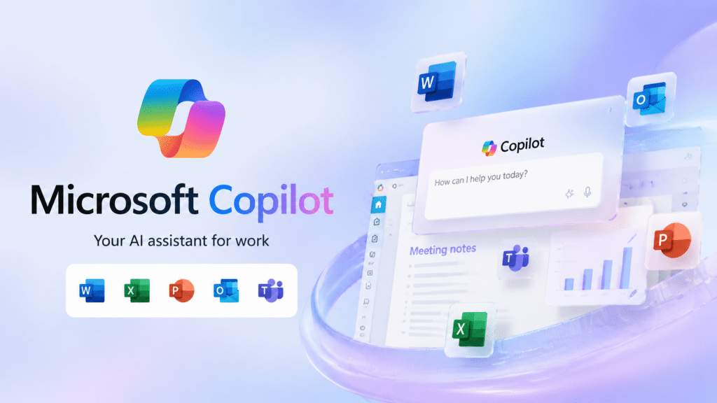 microsoft copilot AI assistant logo with Microsoft 365 app icons showing workplace automation and productivity features