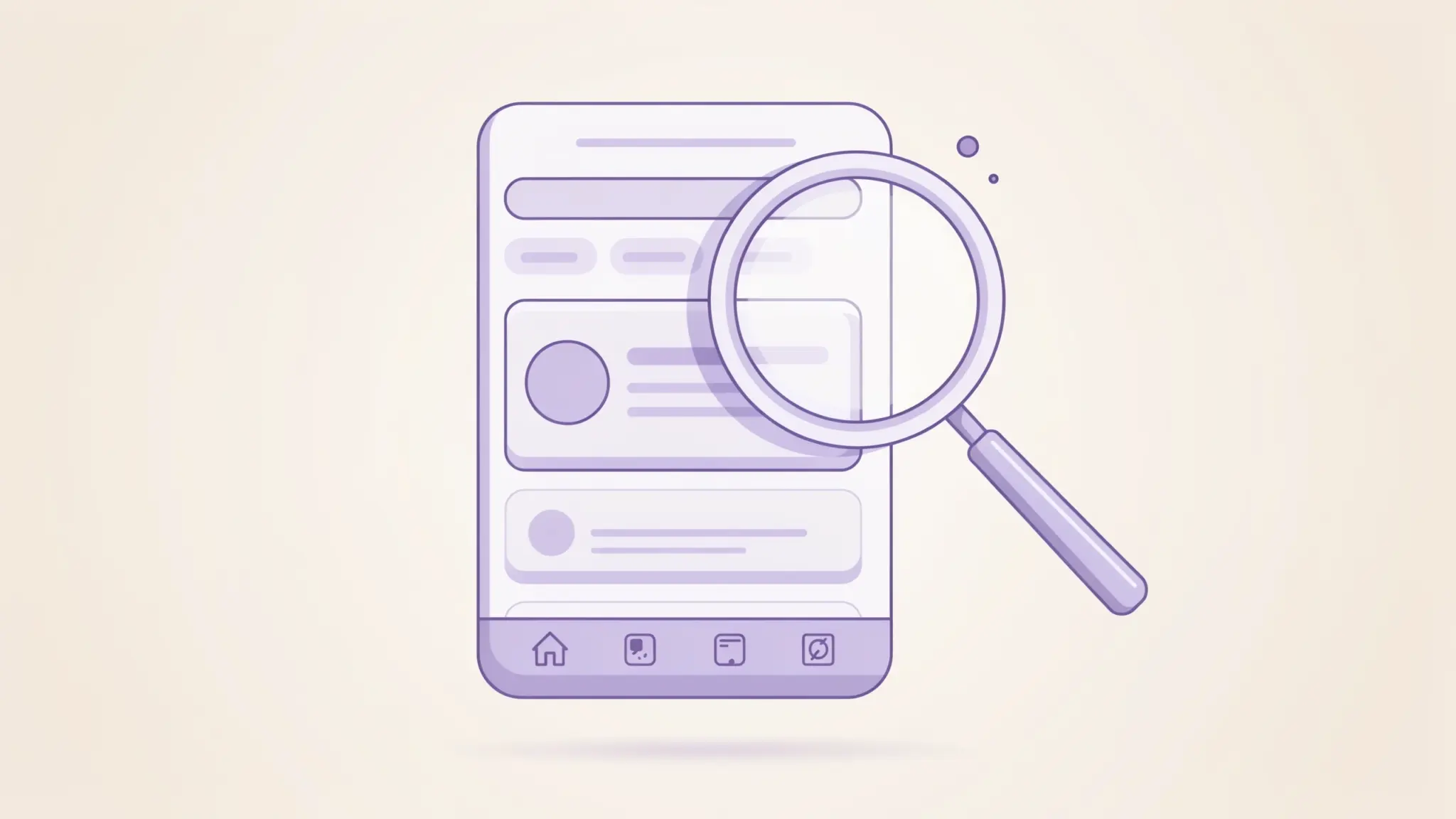 mobile application testing illustration showing software interface review with magnifying glass for quality checks