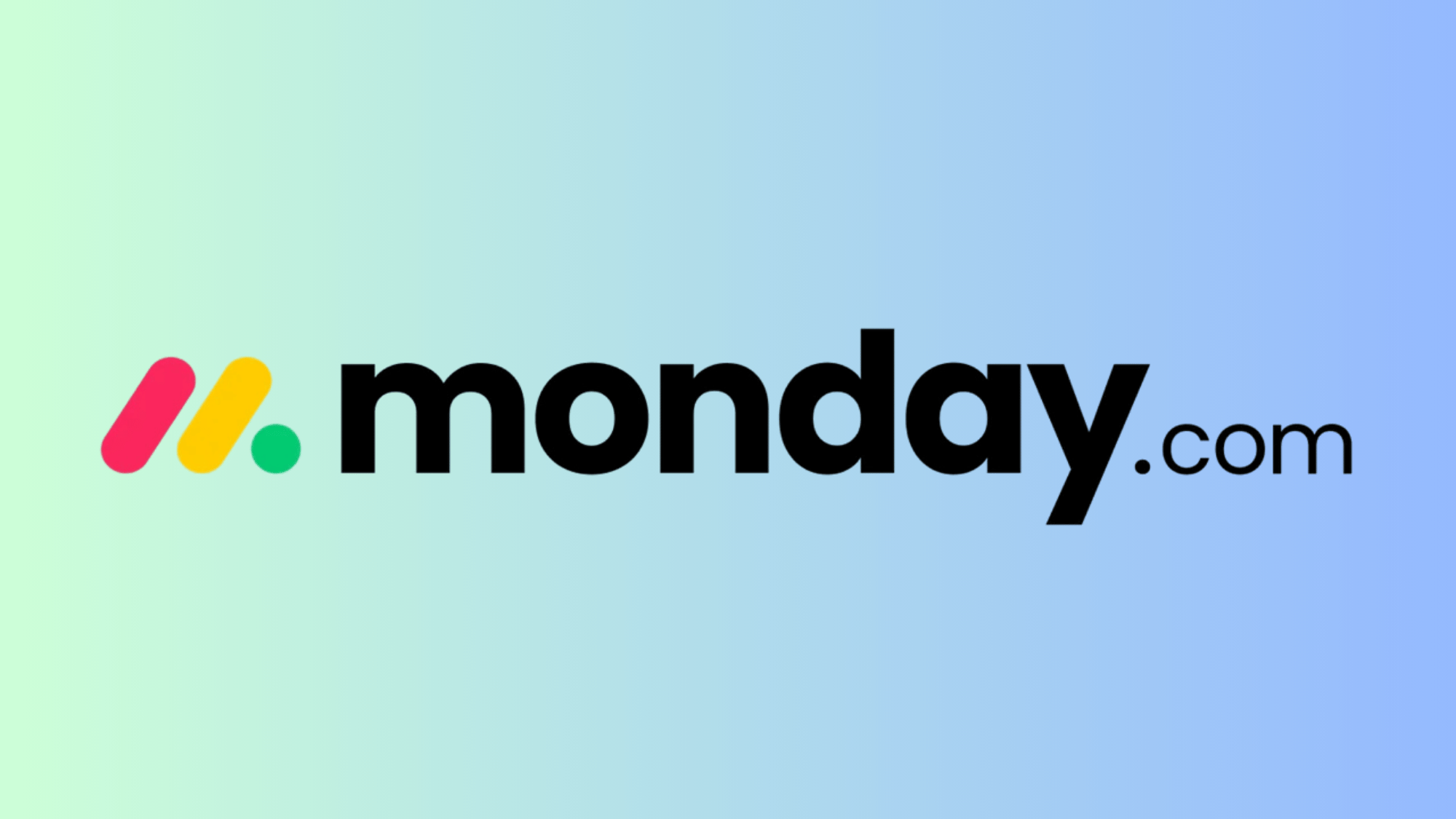 monday.com CRM logo with pink, yellow, and green diagonal lines on gradient background