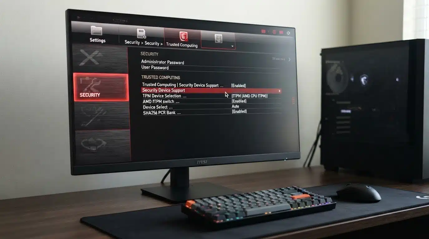 msi bios security menu showing trusted computing tpm activation settings