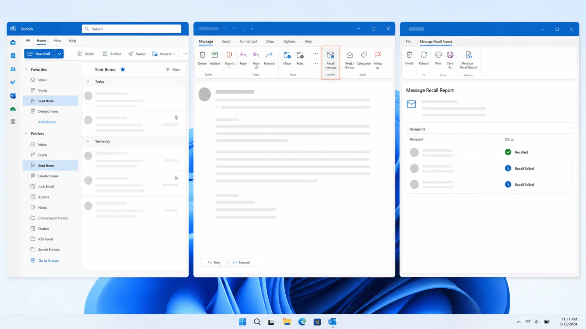 new outlook windows panels showing sent items, recall button, and status report.