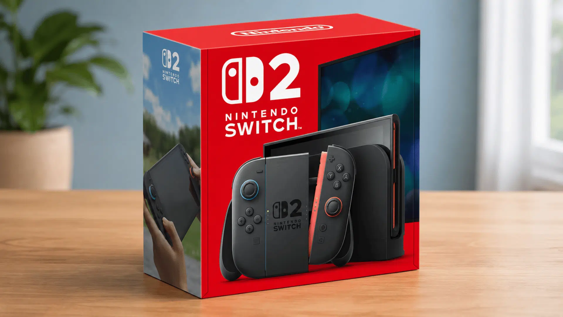 nintendo switch 2 retail box displaying the console, dock, and joy-con controllers on a wooden table in a bright indoor setting