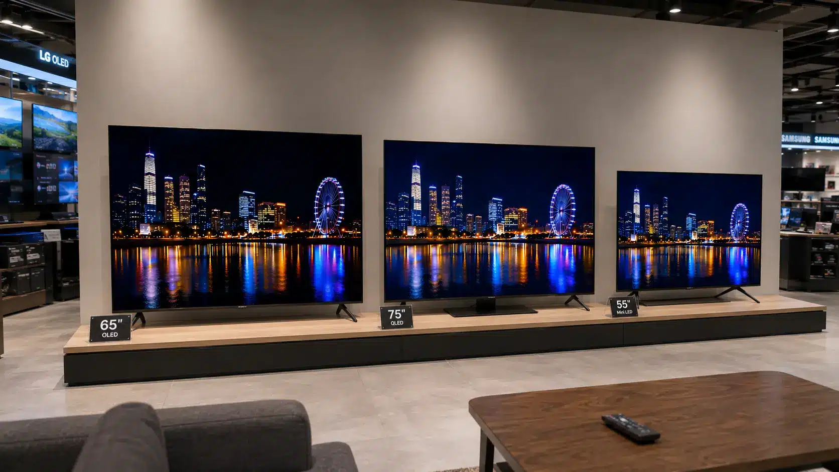 OLED QLED and Mini LED televisions displayed in a technology showroom