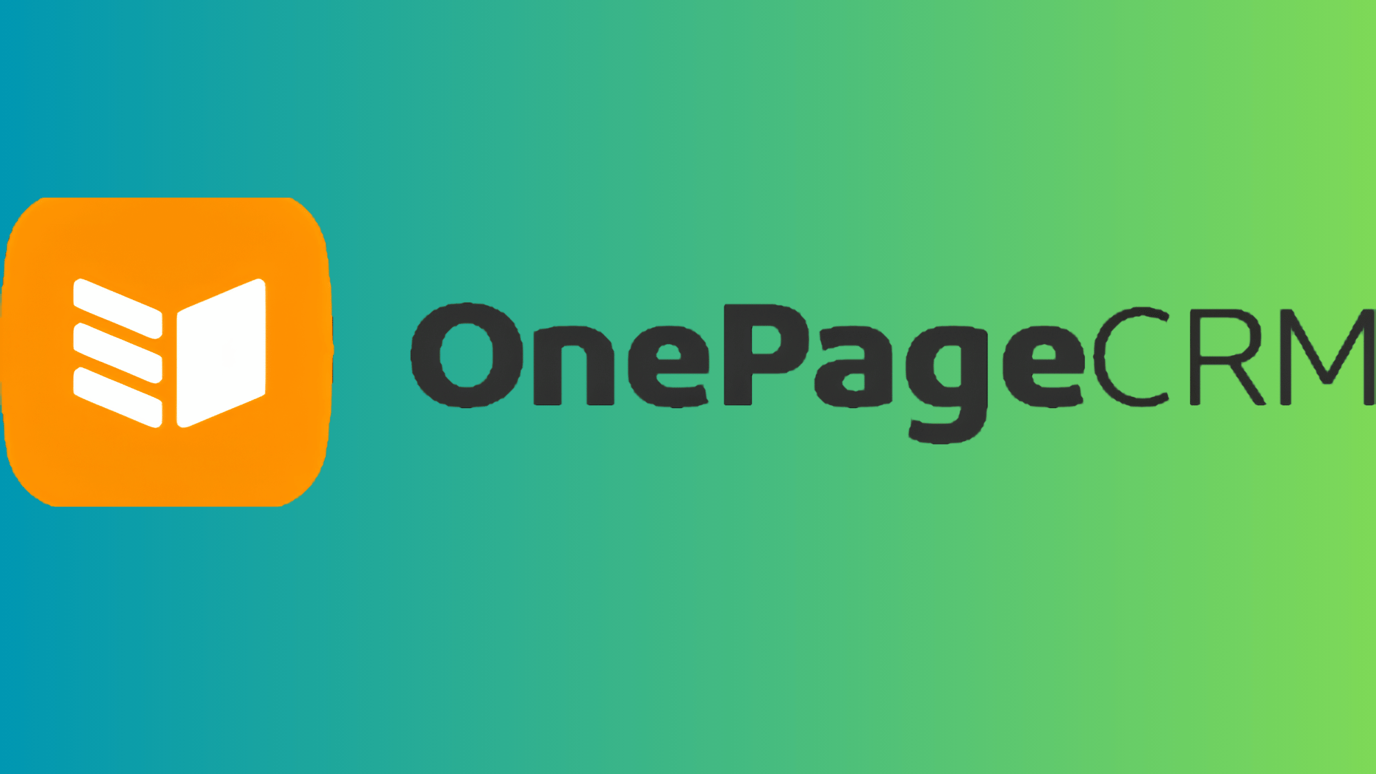 OnePageCRM logo with orange book icon on teal-green gradient background