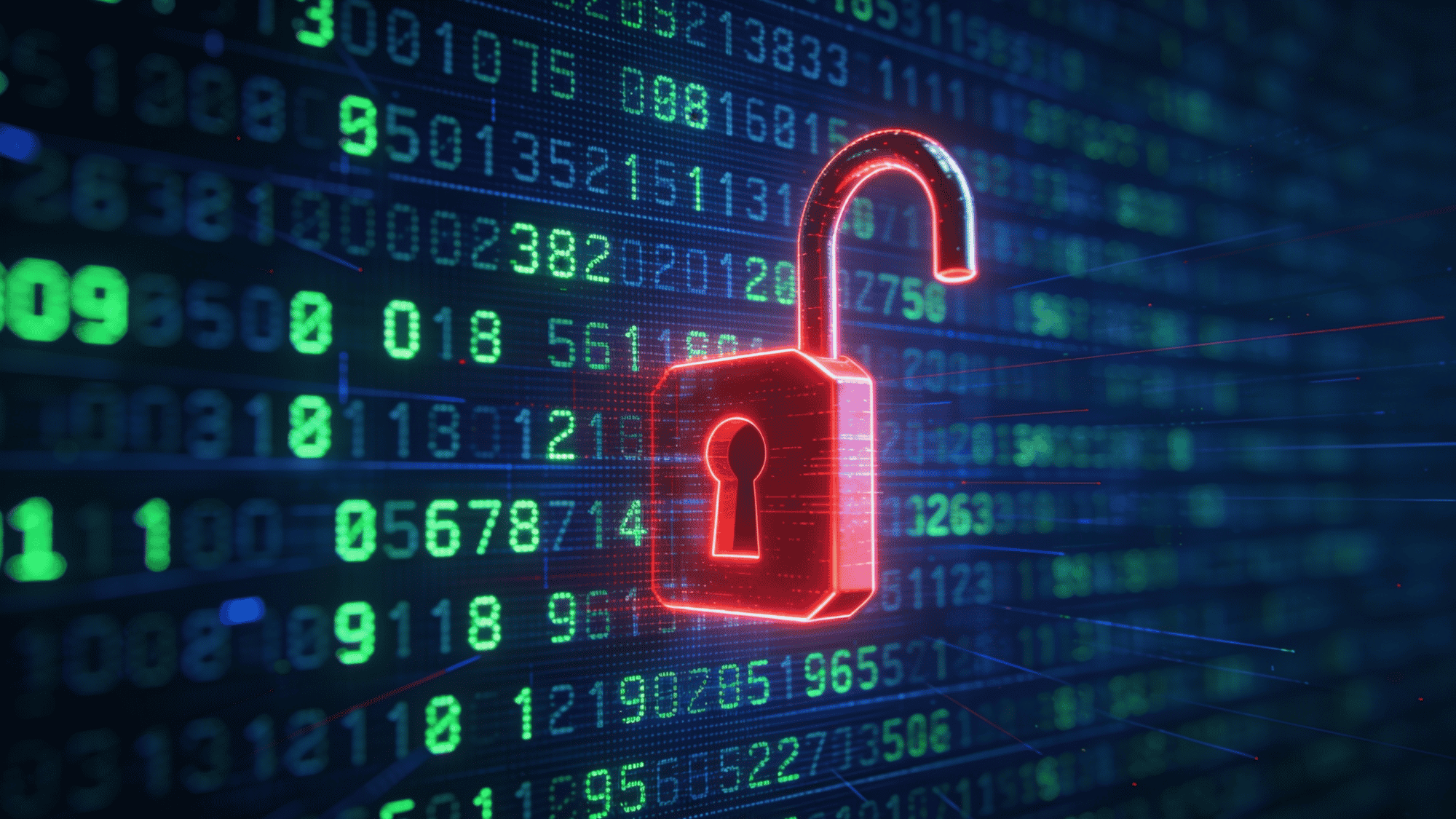Open red padlock over digital code representing the AT&T data breach, cybersecurity risks, and exposed data.