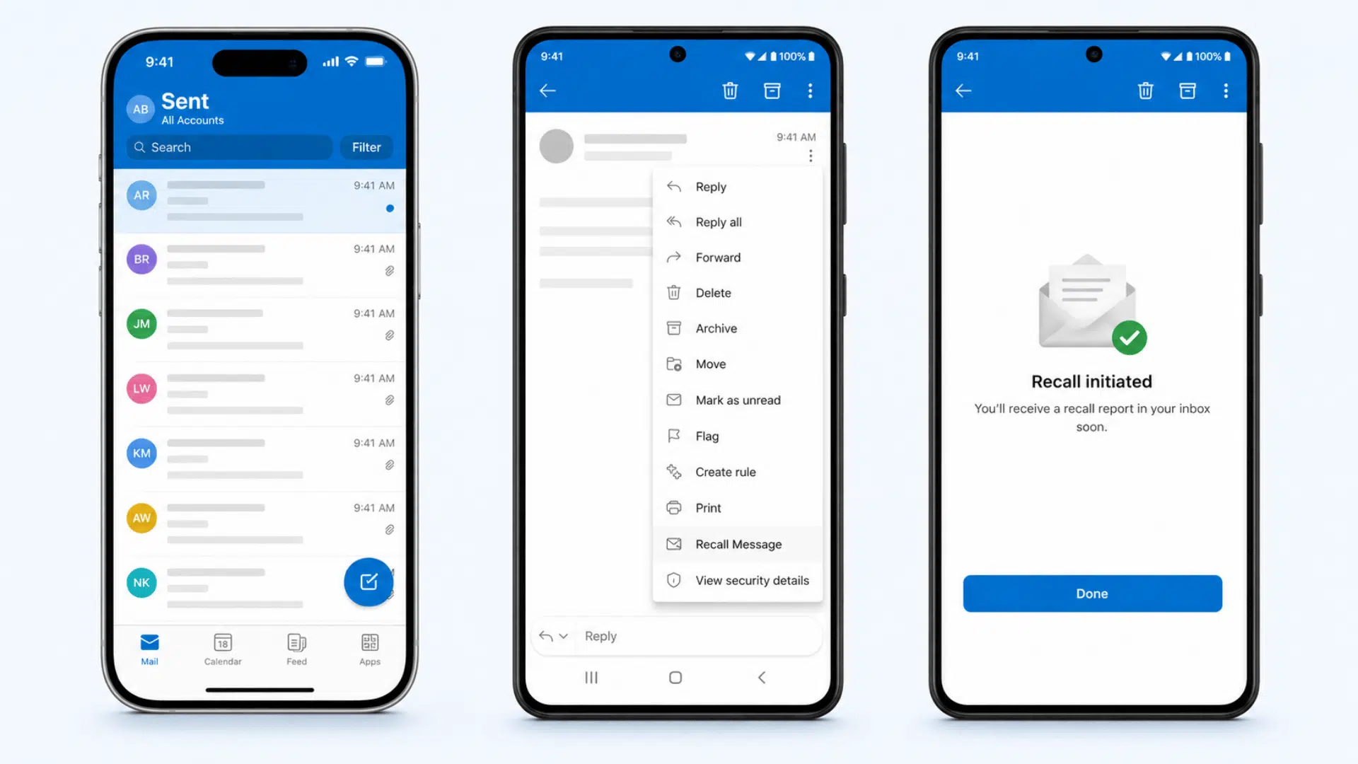 outlook mobile screens showing sent emails, recall option, and a success screen.