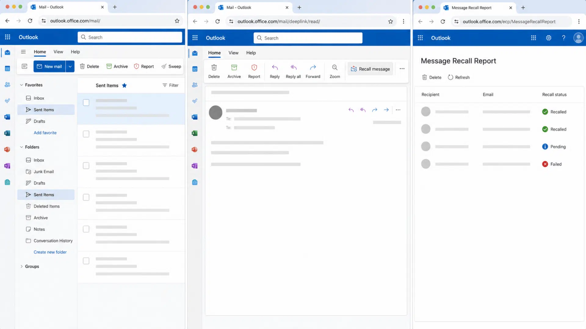 outlook web panels showing sent items, recall message button, and status report.