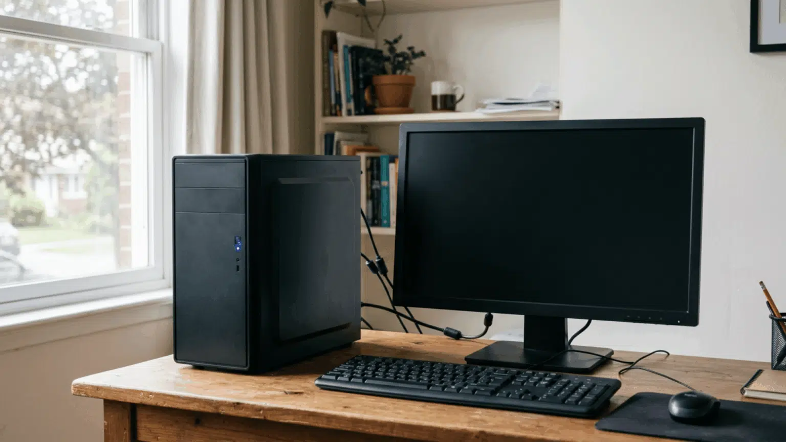 Desktop computer with blank monitor screen on a desk