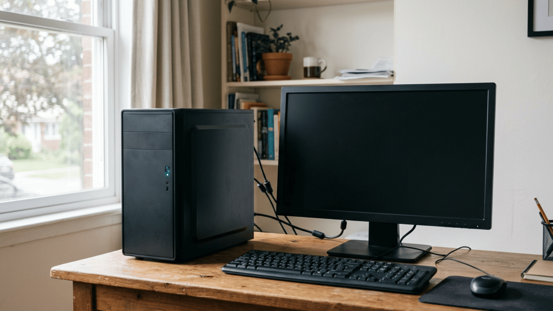 Desktop computer with blank monitor screen on a desk