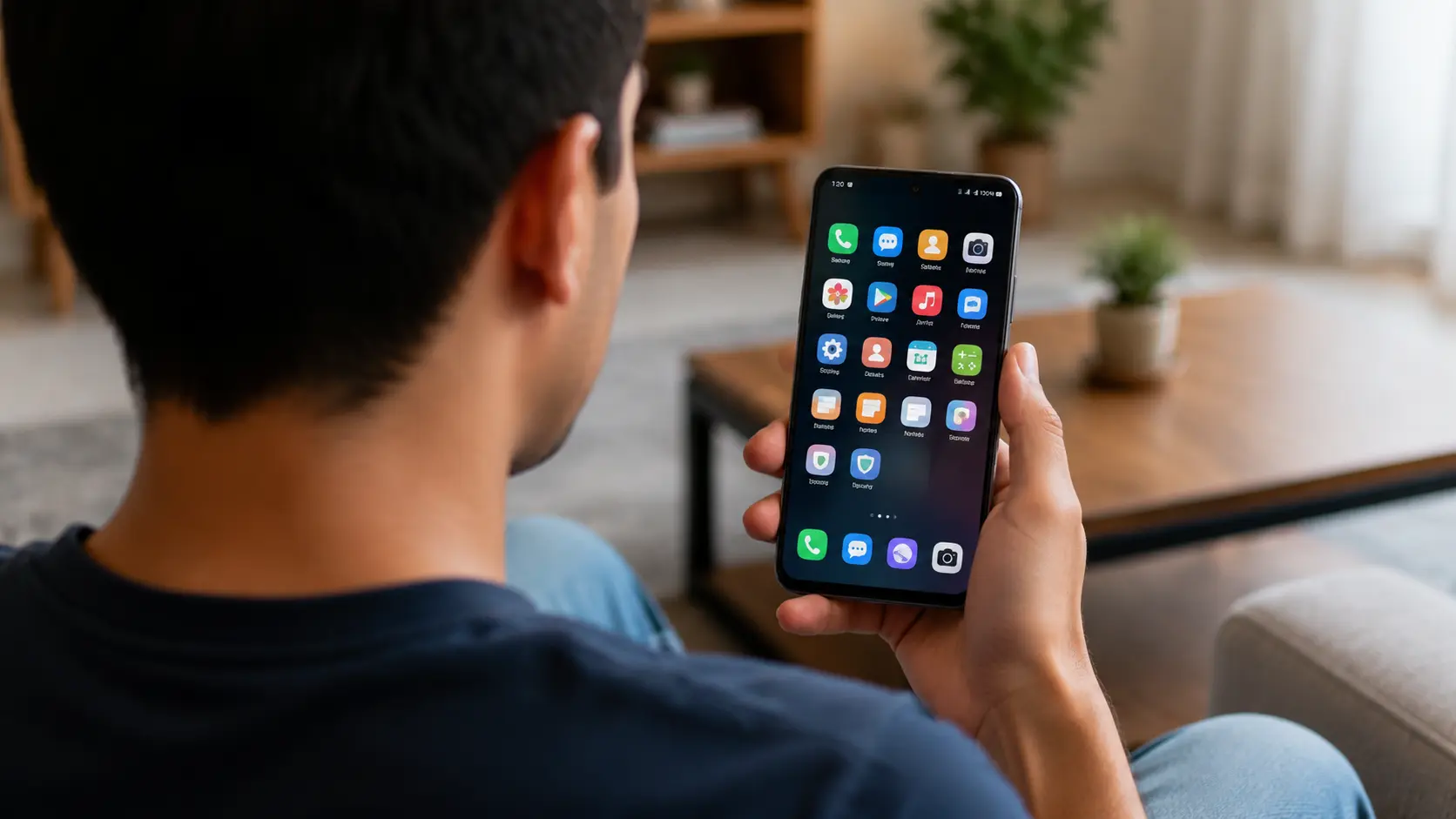 person holding smartphone showing apps screen while sitting at home from back view