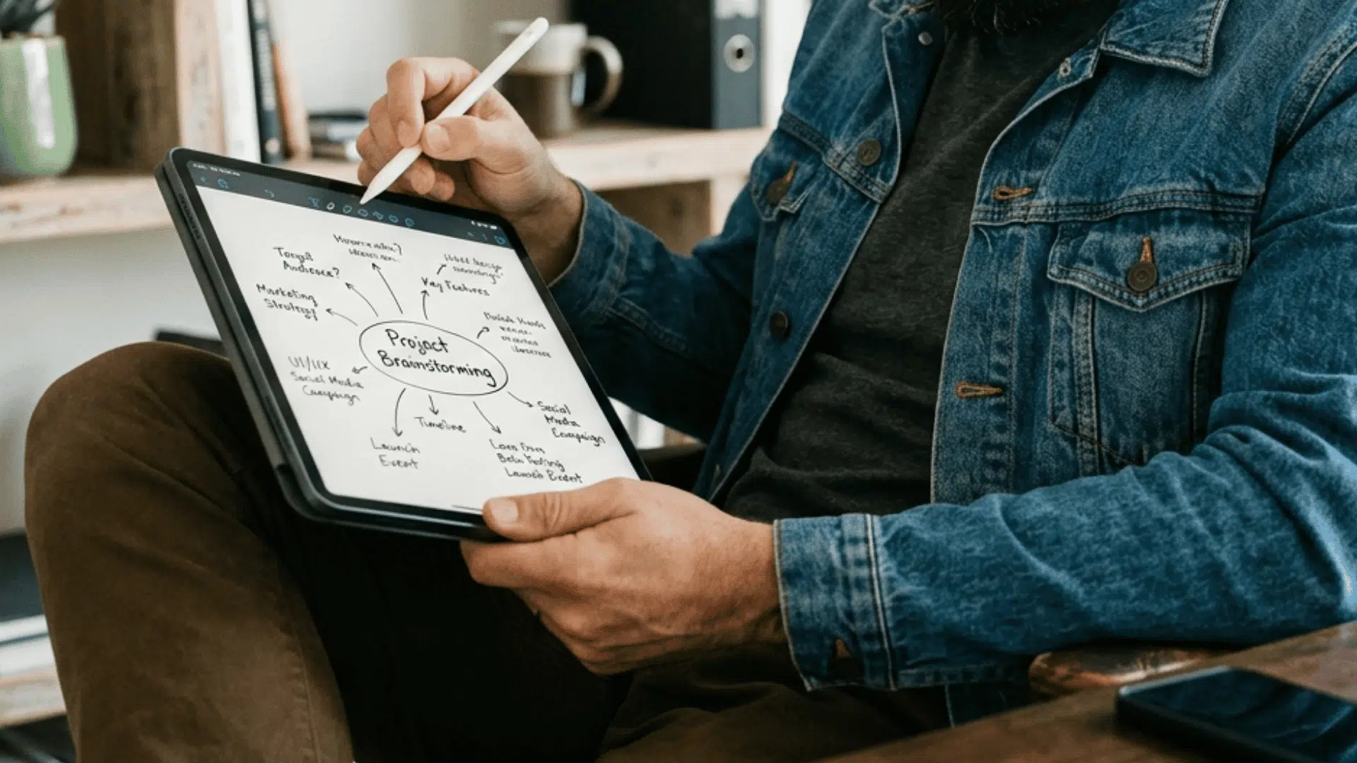 person using a stylus to create a project brainstorming map on a digital tablet