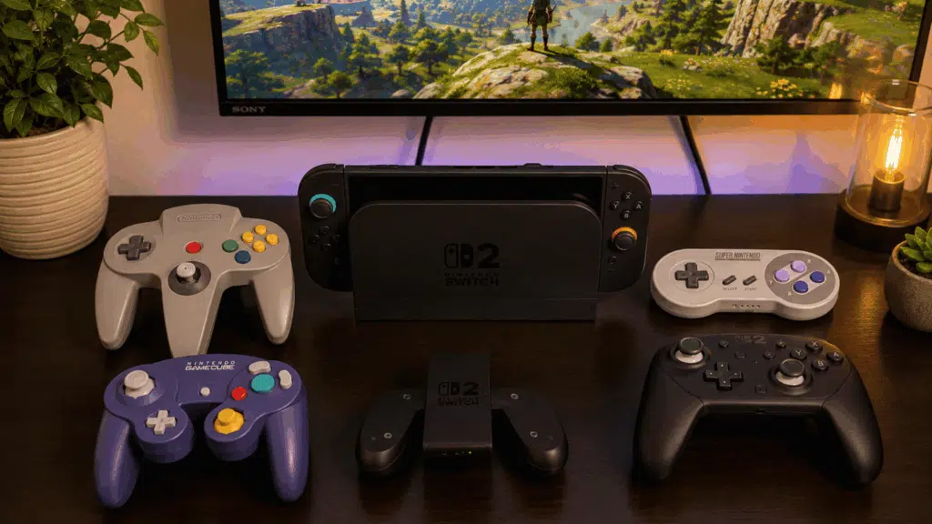 person using the nintendo switch 2 in a modern living room with the console docked to a tv and accessories arranged on a coffee table