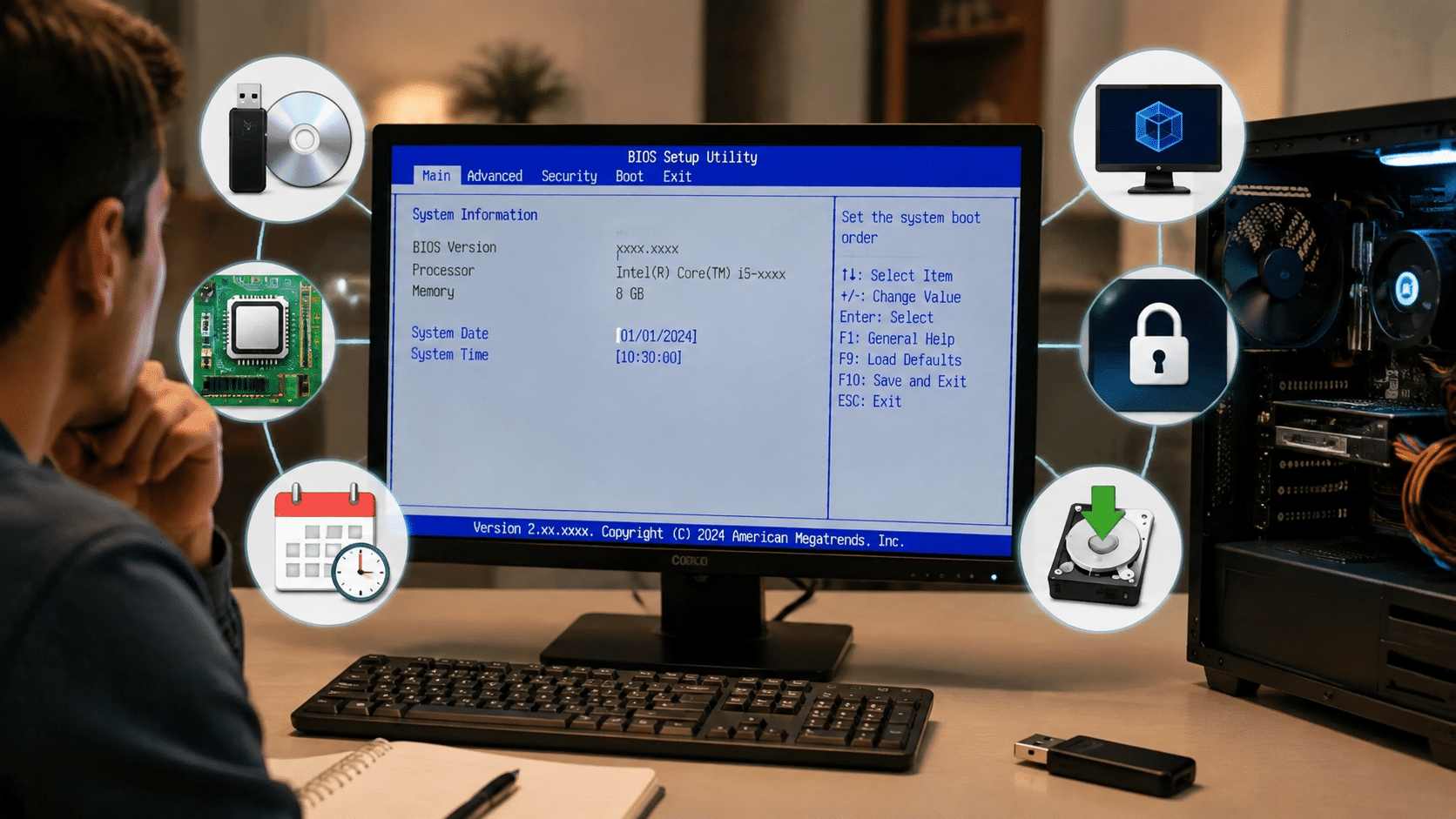 person viewing bios setup utility screen with computer hardware icons showing boot settings security virtualization and system information