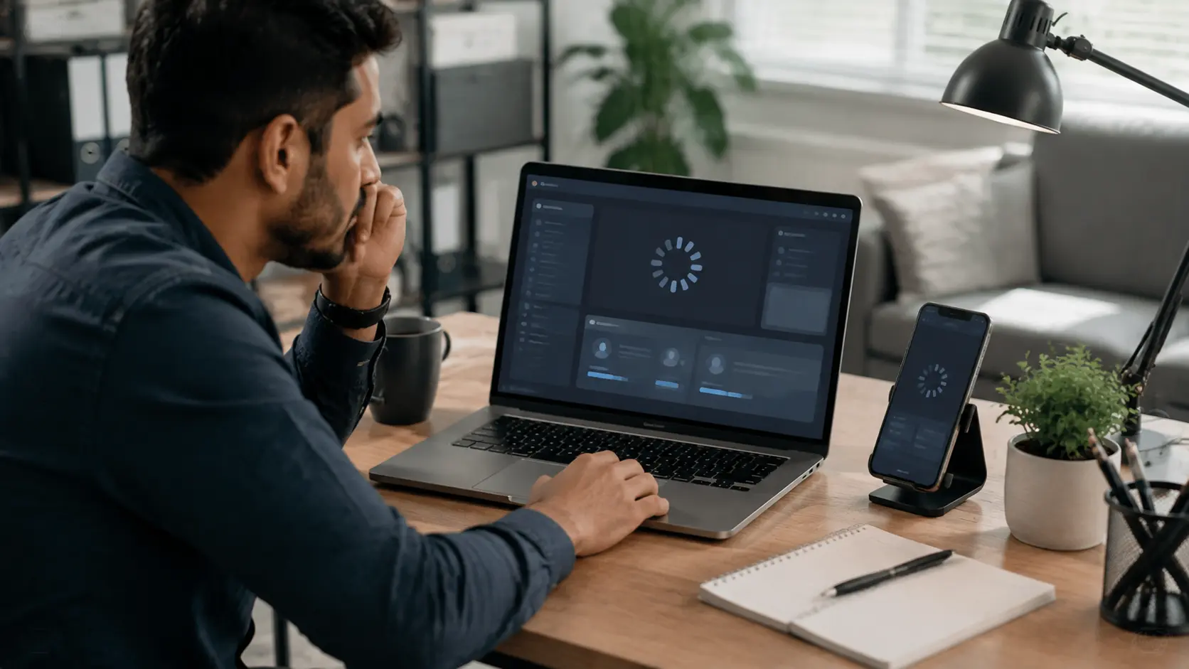 person waiting for slow software response on laptop and smartphone