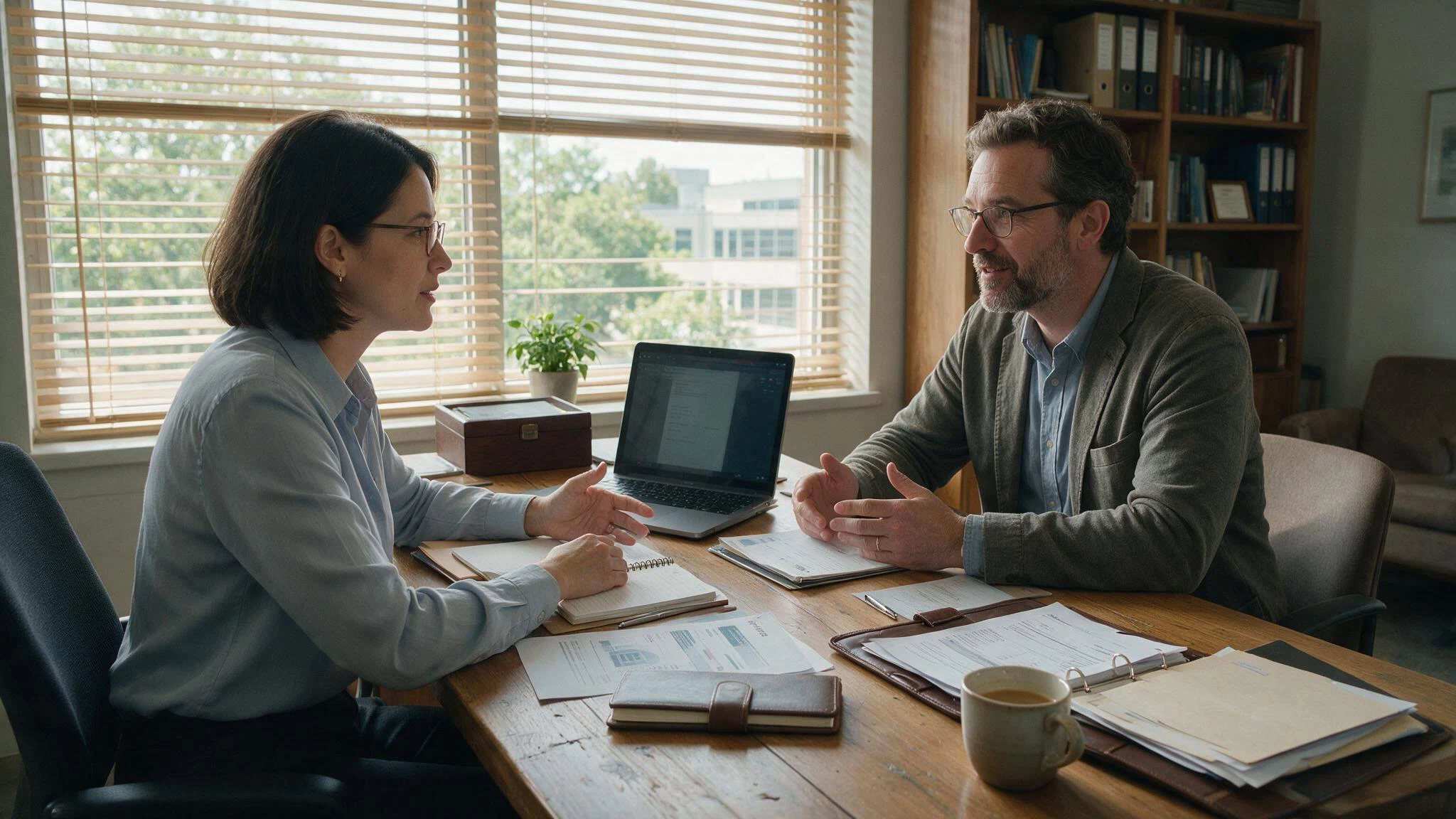 photo of an accountant and a small business owner sitting across a table, talking, with a laptop open between them