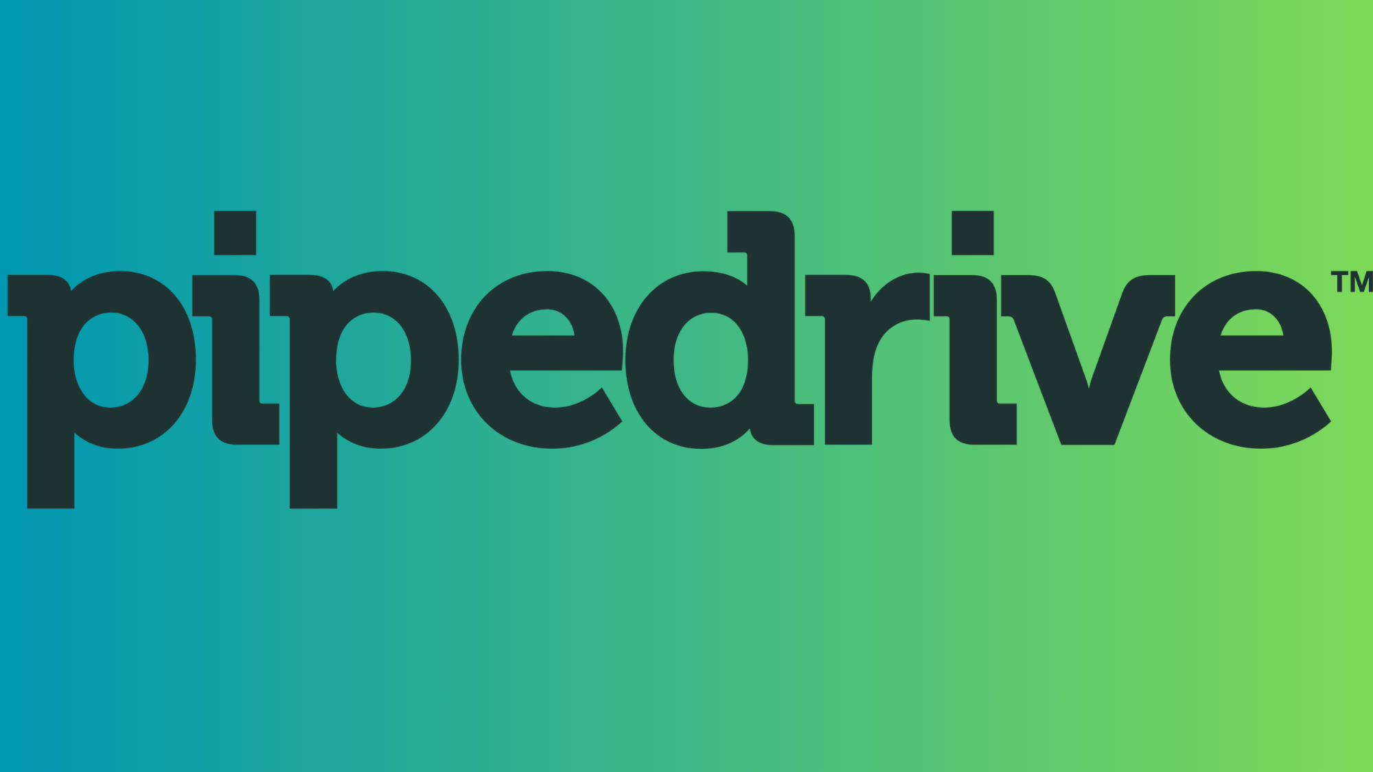 Pipedrive CRM logo in black on a blue-to-green gradient background.