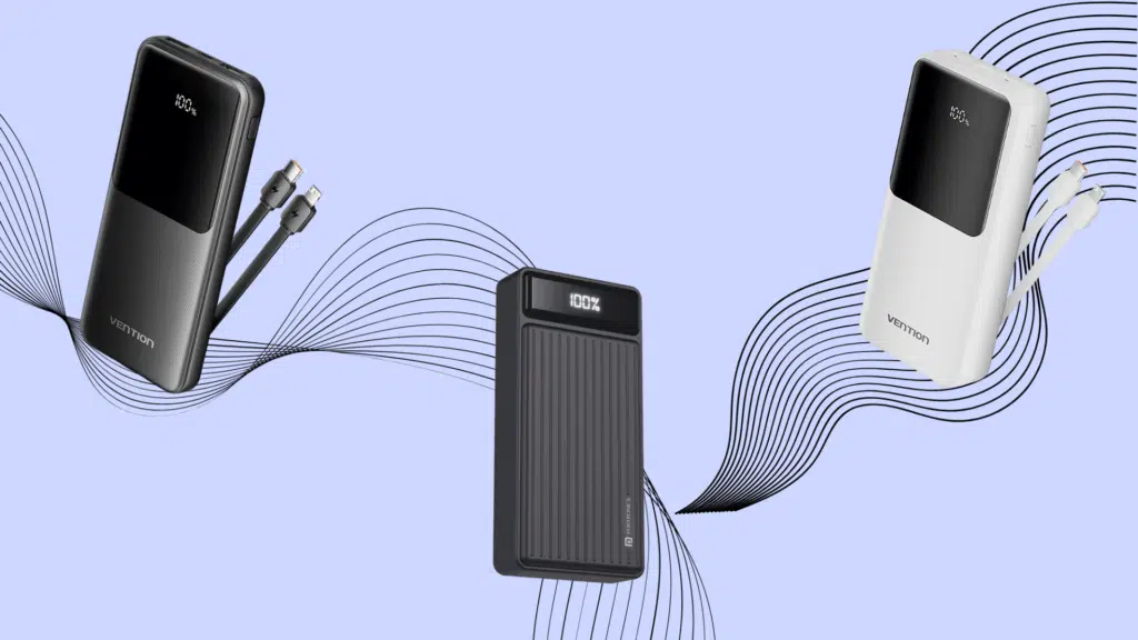 different types of power banks with charging cables and battery indicators
