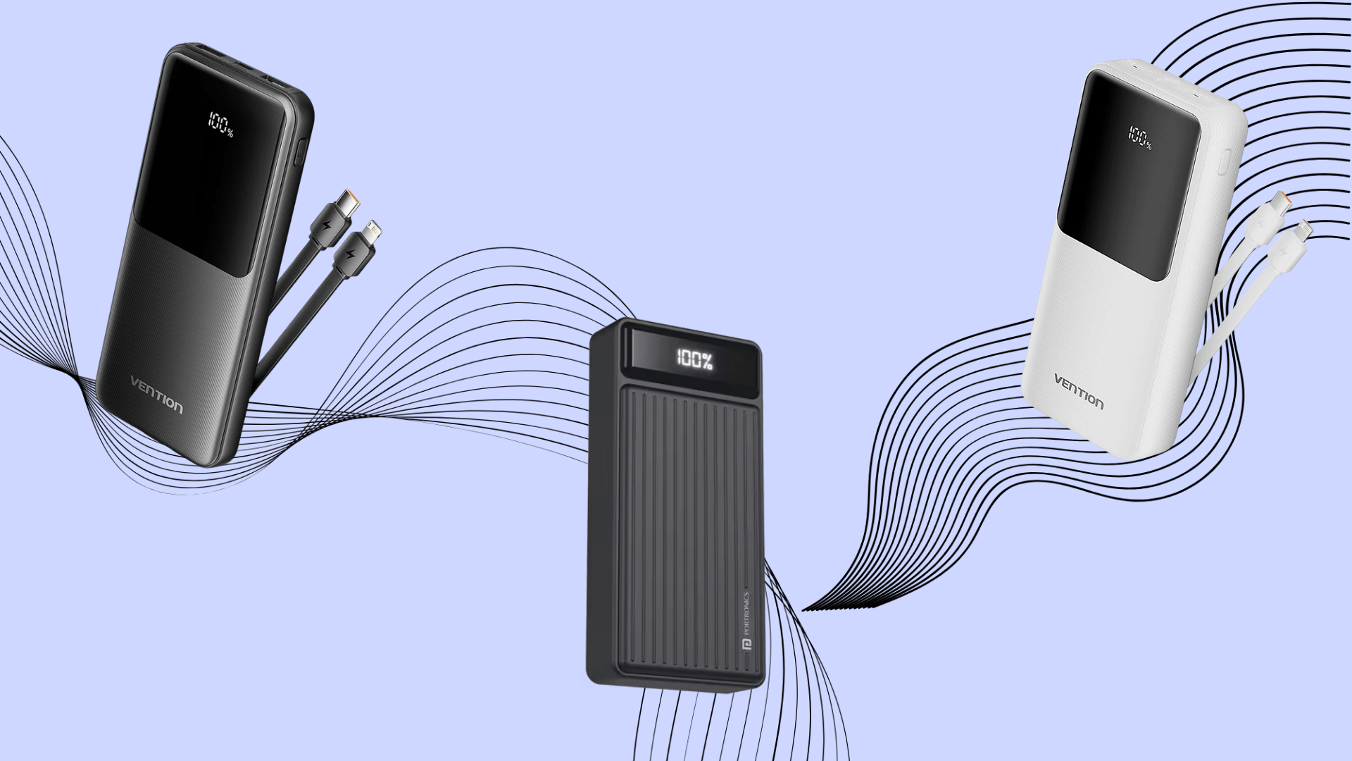 different types of power banks with charging cables and battery indicators