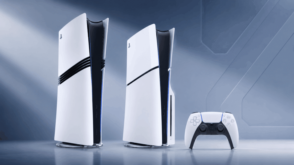 ps5 and ps5 pro consoles with controller comparison setup